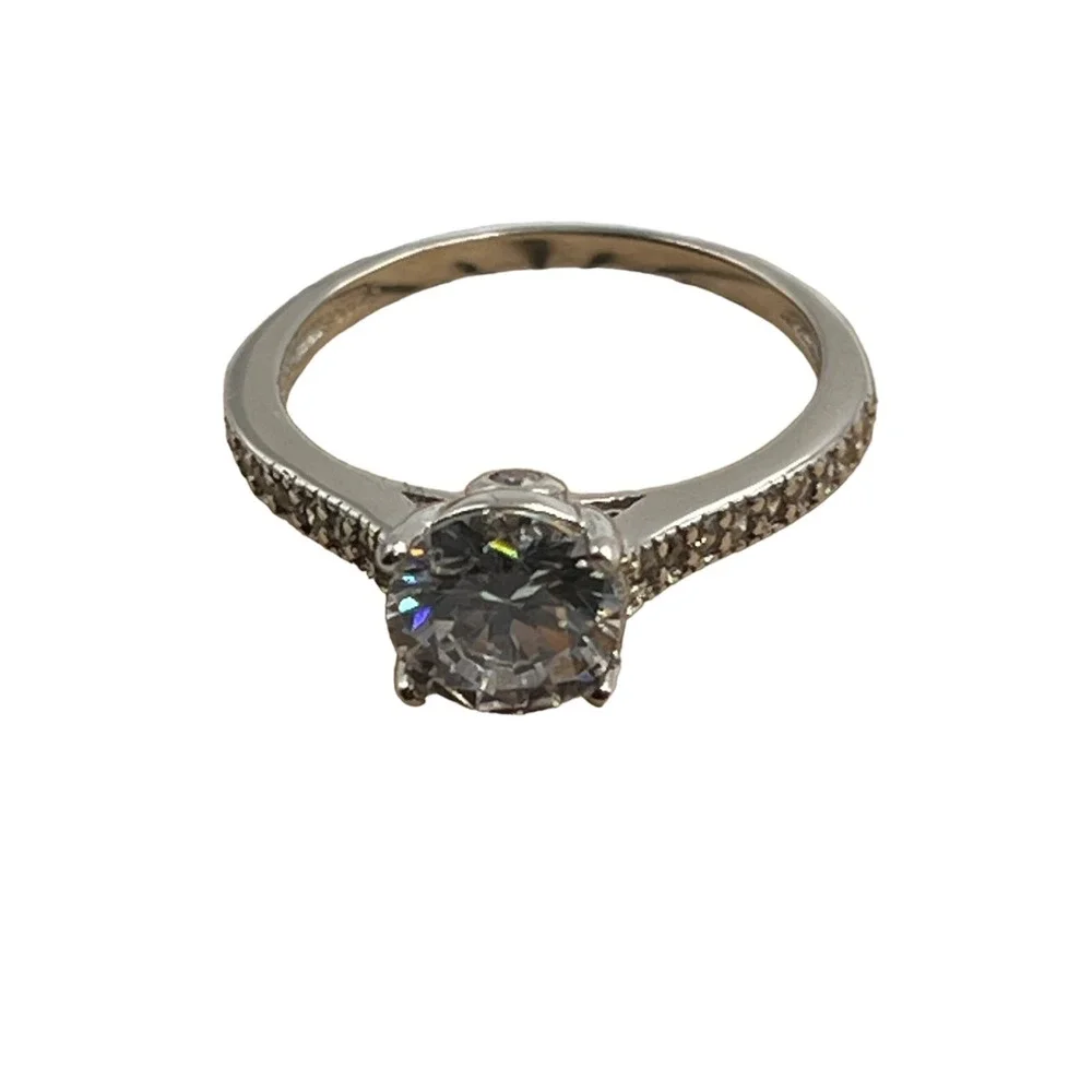 Womens Engagement Ring Large Clear Center Stone Accent Stones‎ Sterling Size 6.5